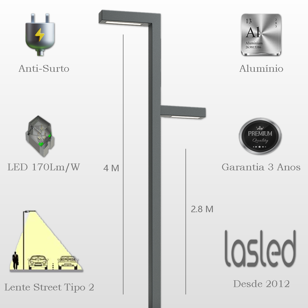 Poste LED Integrado Urban Line 4 Metros Médio Duplo 130 Watts - 160 Lm/W